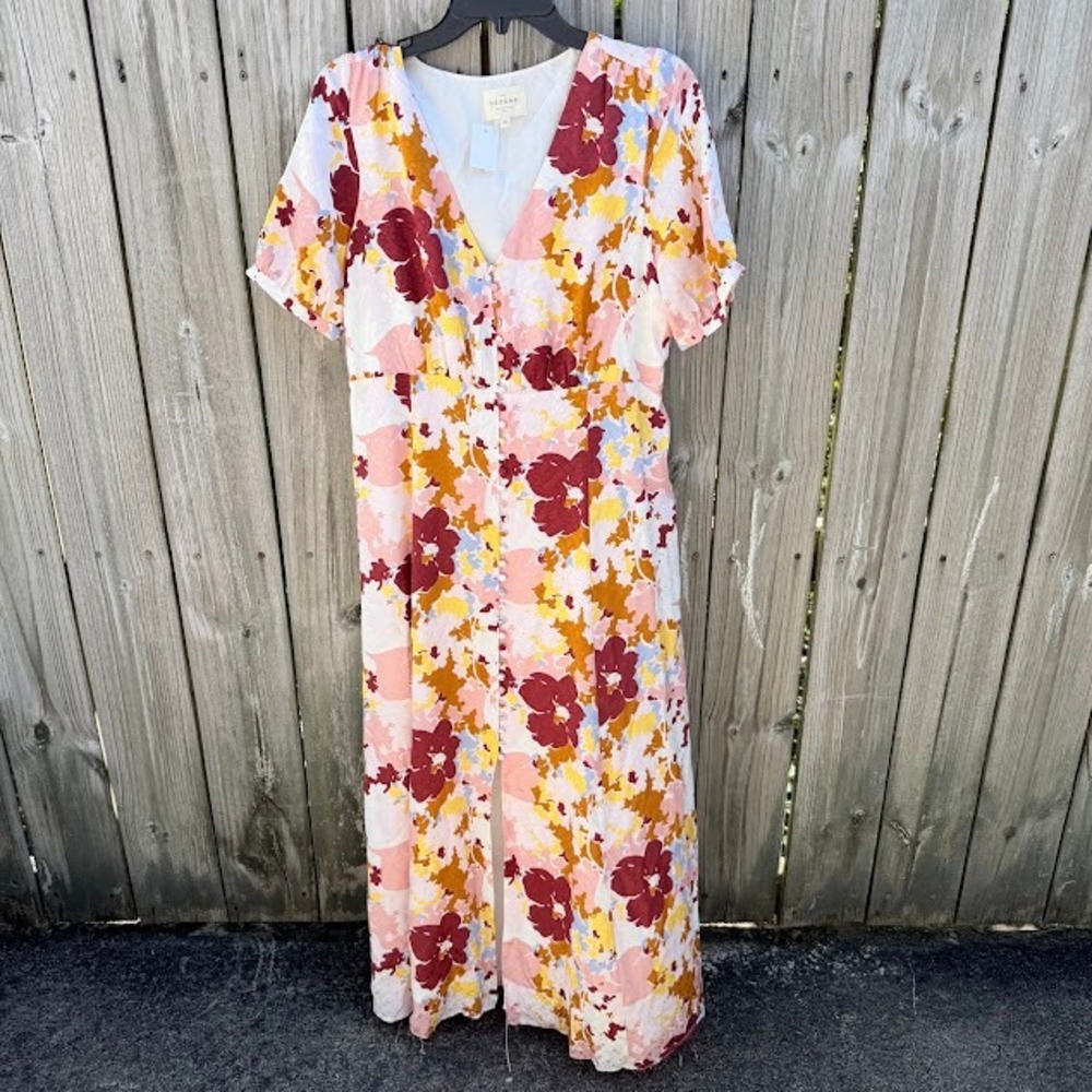 Cottagecore Parisian Sezane Silk Maxi Dress 38 Pink Floral Button Front Romantic
